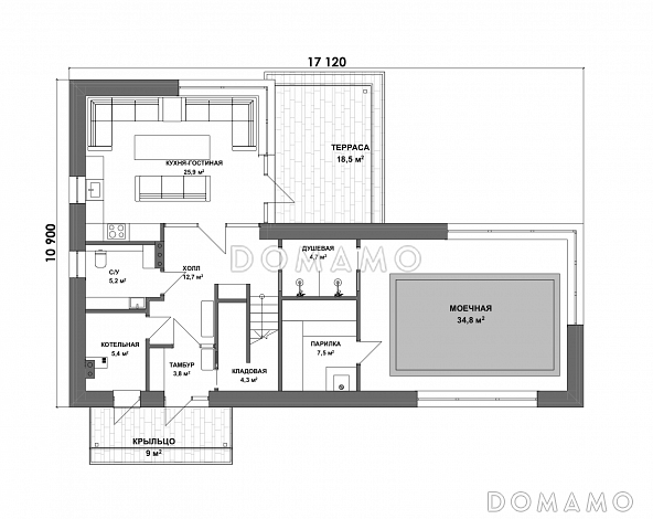Проект двухэтажной бани из газобетона с кухней, гостиной, балконом и 2 спальнями / План 1 этажа