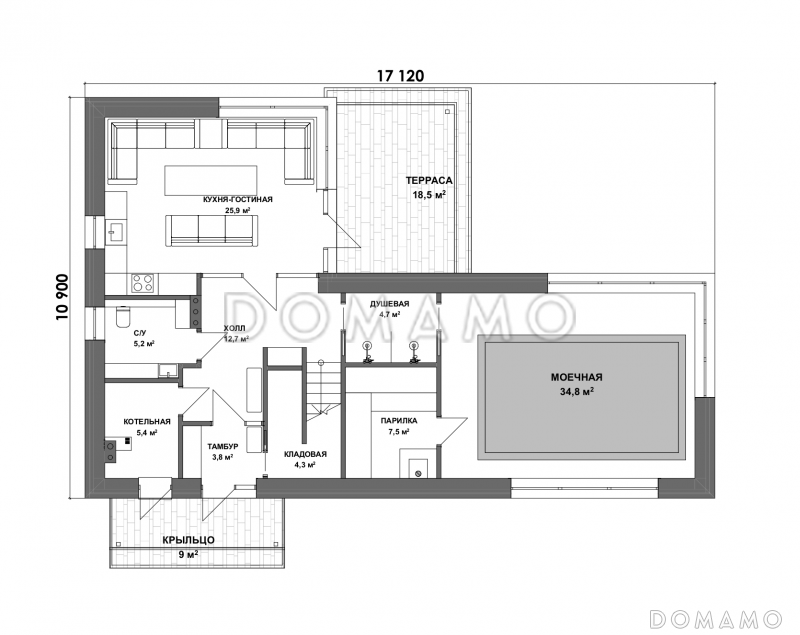 Проект двухэтажной бани из газобетона с кухней, гостиной, балконом и 2 спальнями / План 1 этажа