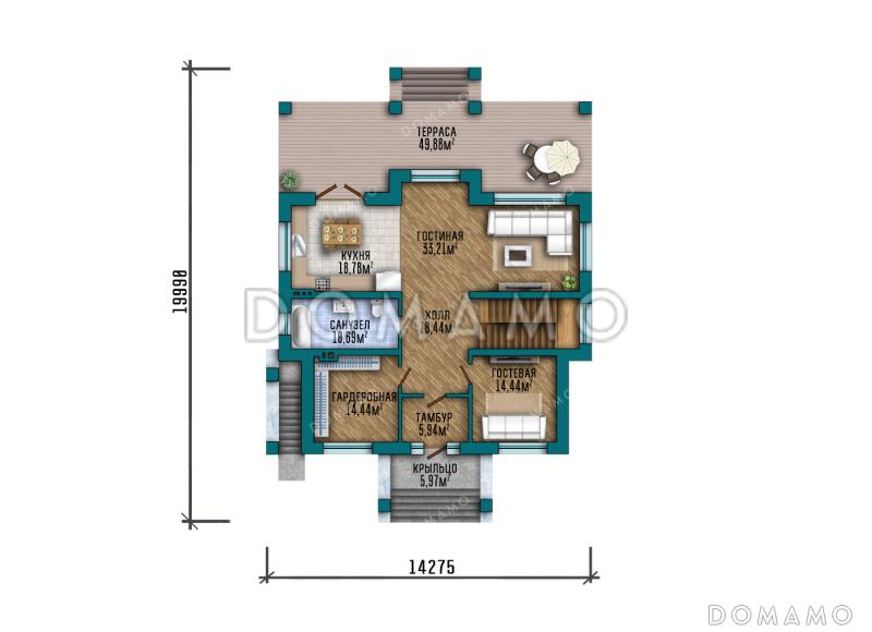 Проект большого двухэтажного дома с подвалом в стиле Райт с комбинированной отделкой и широкой кровлей / План 1 этажа