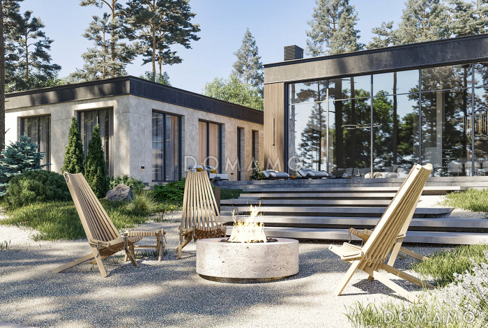 Проект одноэтажного дома из газобетона с 4 спальнями, кабинетом, зоной отдыха и бассейном Проект одноэтажного дома из газобетона с 4 спальнями, кабинетом, зоной отдыха и бассейном