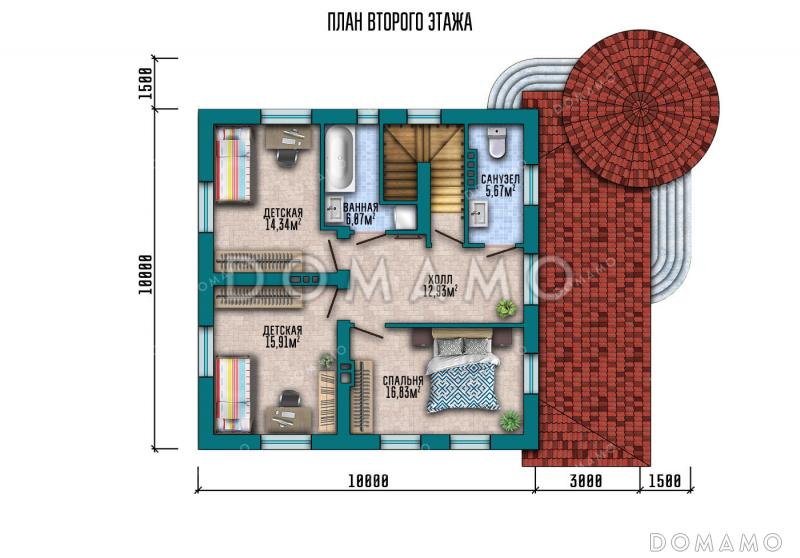 Проект кирпичного двухэтажного дома с 4 спальнями, верандой, круглой беседкой на террасе и обустроенным цокольным этажом / План 2 этажа