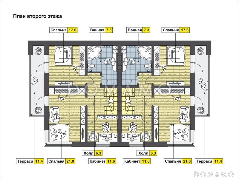 Проект дома на две семьи с террасой, котельной, кухней-столовой и большой гостиной, кабинетом / План мансардного этажа
