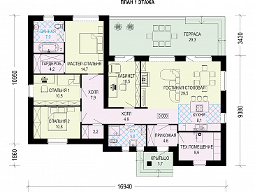 Проект одноэтажного дома с плоской крышей и длинной террасой / План 1 этажа Проект одноэтажного дома с плоской крышей и длинной террасой / План 1 этажа