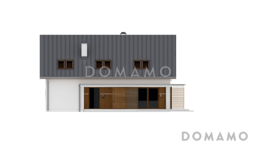 Проект одноэтажного мансардного дома из газобетона с кабинетом, открытой угловой террасой и гаражом  / Фасад 3