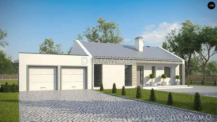 Проект одноэтажного дома из газобетона с современными элементами дизайна, с двумя спальнями и просторной дневной зоной и гаражом на 2 автомобиля