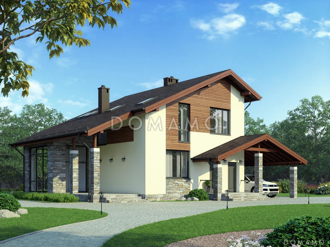 Проект дома из газобетона с большим навесом для авто / 2