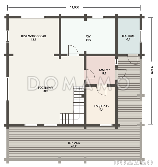 Проект дома из клееного бруса для постоянного проживания семьи из четырех-шести человек / План 1 этажа