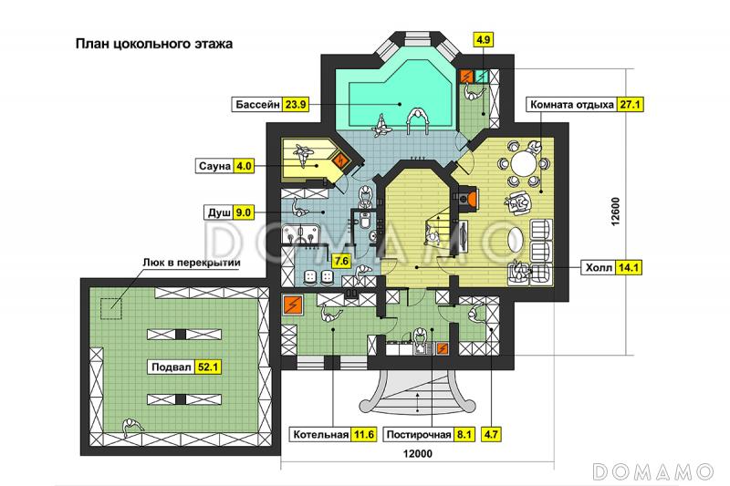 Проект дома с бассейном и просторной комнатой отдыха в цокольном этаже, сауной, гаражом на два автомобиля, открытой террасой, столовой с эркером / План цокольного этажа
