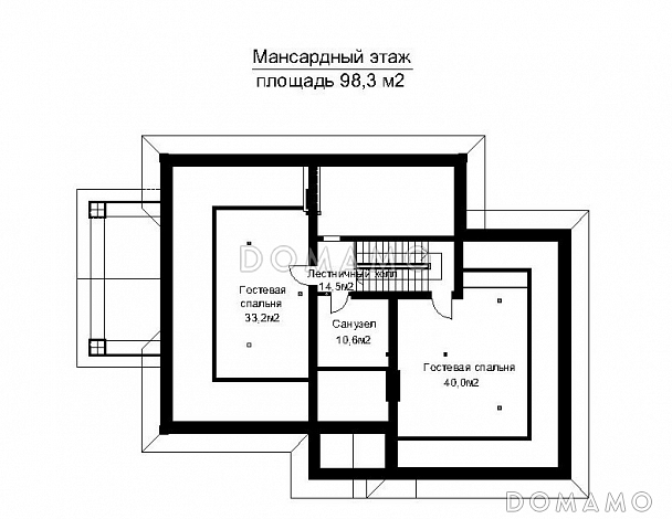Проект двухэтажного загородного дома с высоким крыльцом / План мансардного этажа Проект двухэтажного загородного дома с высоким крыльцом / План мансардного этажа
