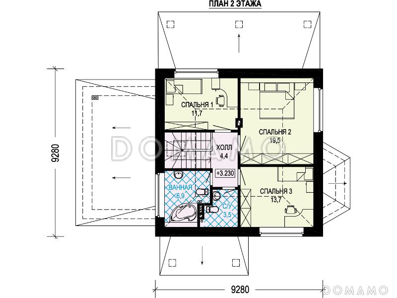 Проект дома из кирпича с гаражом, эркером в кухне, террасой / План мансардного этажа