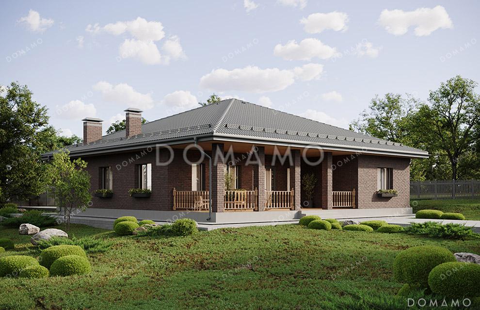 Проект большого одноэтажного дома с просторной зоной кухни-гостиной, крытой террасой, выделенной мастер-спальней и кабинетом / 2