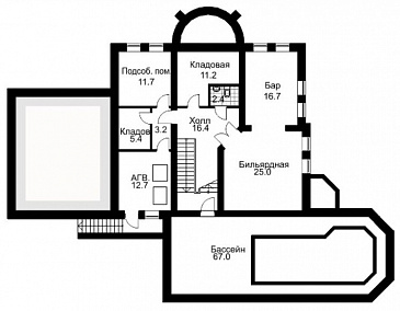 Проект двухэтажного дома из кирпича с полукруглым эркером / План цокольного этажа Проект двухэтажного дома из кирпича с полукруглым эркером / План цокольного этажа