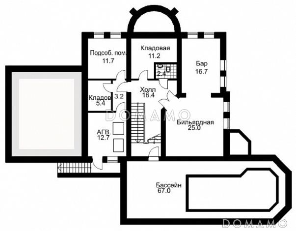 Проект двухэтажного дома из кирпича с полукруглым эркером / План цокольного этажа Проект двухэтажного дома из кирпича с полукруглым эркером / План цокольного этажа