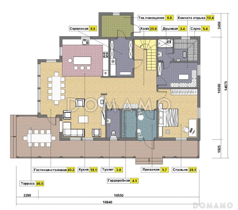 Проект дома из пенобетона с просторной кухней и вторым светом / План 1 этажа