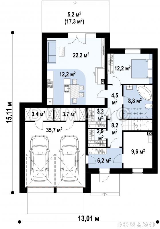 Проект дома с гаражом на две машины и кладовой, просторной дневной зоной, спальней на первом этаже / План 1 этажа