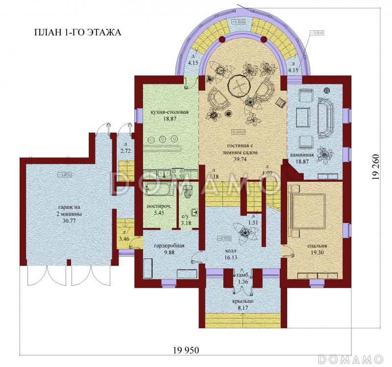 Проект одноэтажного дома с мансардой, цоколем и чердаком, со стеклянным эркером / План 1 этажа