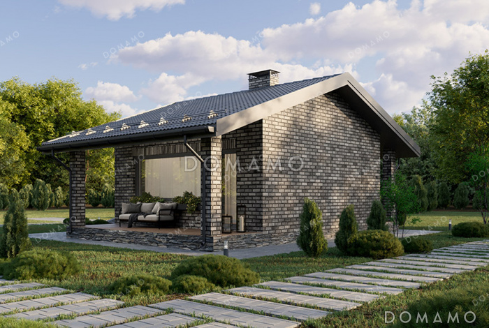 Проект компактной одноэтажной бани в классическом стиле с большой террасой, витражным остеклением и просторной комнатой отдыха Проект компактной одноэтажной бани в классическом стиле с большой террасой, витражным остеклением и просторной комнатой отдыха