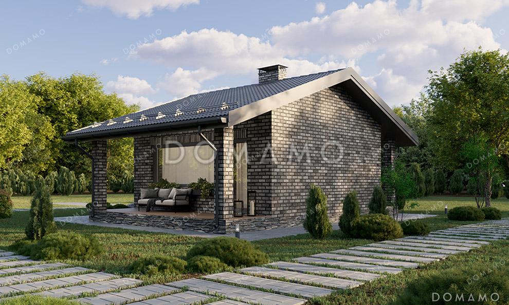 Проект компактной одноэтажной бани в классическом стиле с большой террасой, витражным остеклением и просторной комнатой отдыха / 2