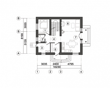 Проект современного загородного дома на семью из трех-шести человек / План 1 этажа Проект современного загородного дома на семью из трех-шести человек / План 1 этажа