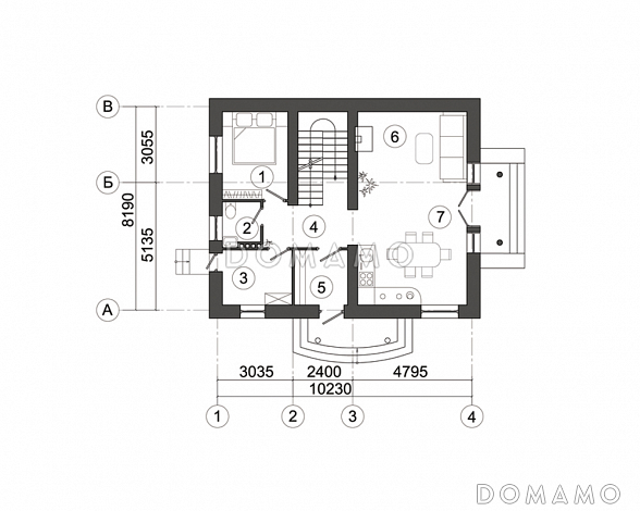 Проект современного загородного дома на семью из трех-шести человек / План 1 этажа Проект современного загородного дома на семью из трех-шести человек / План 1 этажа