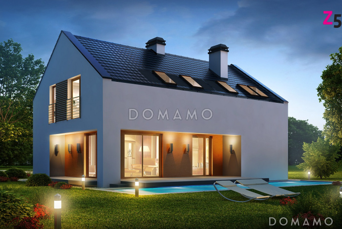 Проект одноэтажного мансардного дома из газобетона с прямоугольным выступом на втором уровне Проект одноэтажного мансардного дома из газобетона с прямоугольным выступом на втором уровне