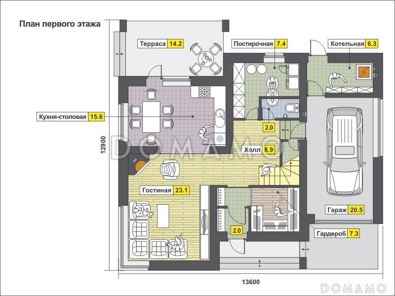 Проект дома с гаражом, гостиной с панорамным окном, тремя спальнями на мансардном этаже, кладовой / План 1 этажа