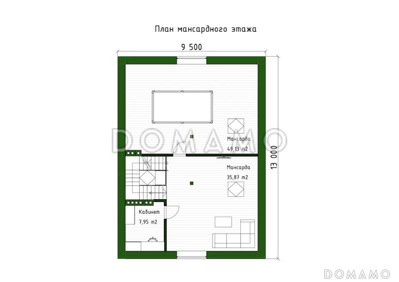 Проект двухэтажного дома с мансардой, мастер-спальней и остекленной террасой / План мансардного этажа