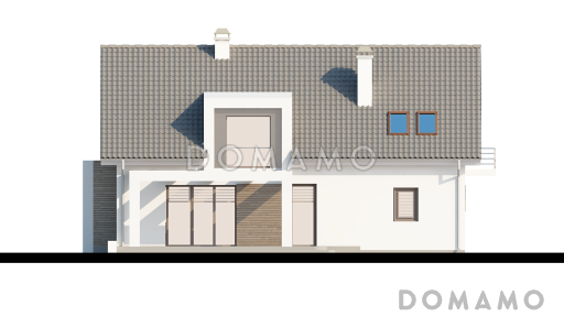 Проект одноэтажного мансардного дома из газобетона с эркером в кухонной зоне, вертикальным мансардным окном и гаражом / Фасад 2