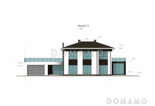 Проект дома с 3 спальнями, кабинетом, гаражом, сауной и спортзалом / Фасад 1