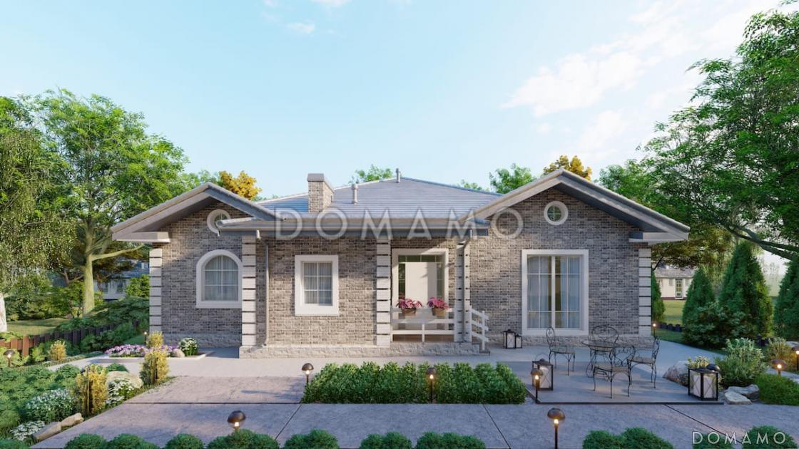 Проект одноэтажного кирпичного дома с 4 спальнями, террасой и столовой-гостиной / 1