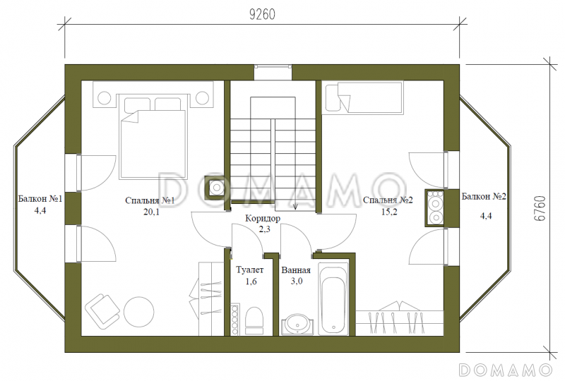 Проект небольшого загородного дома с двумя эркерами для постоянного проживания / План мансардного этажа