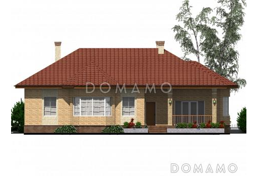 Одноэтажный дом из крупноформатного кирпича с тремя спальнями, большой кухней-гостиной и сауной / Фасад 1