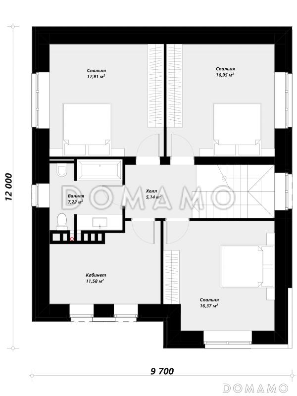 Проект современного двухэтажного дома с контрастной отделкой и застекленной верандой / План 2 этажа