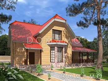 Проект полутораэтажного коттеджа с яркой облицовкой и открытой террасой Проект полутораэтажного коттеджа с яркой облицовкой и открытой террасой