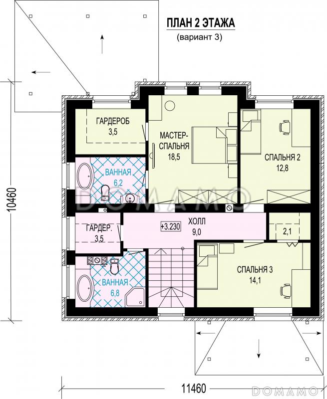 Проект двухэтажного кирпичного дома с мастер-спальней, гостевой внизу и террасой / План 2 этажа