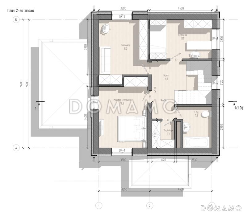 Проект двухэтажного дома с тремя спальнями, кабинетом, гостной-кухней-столовой и котельной / План 2 этажа Проект двухэтажного дома с тремя спальнями, кабинетом, гостной-кухней-столовой и котельной / План 2 этажа