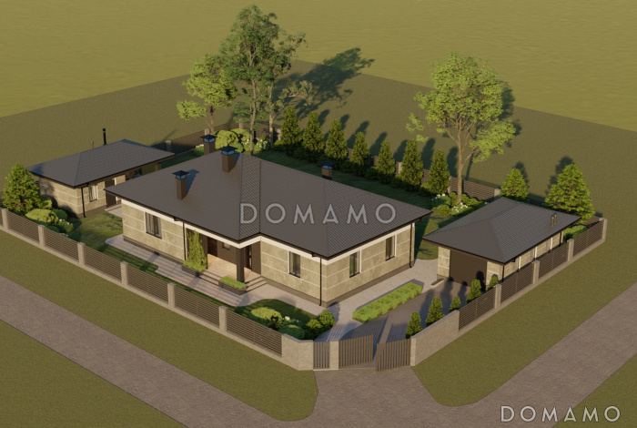 Проект одноэтажного каркасного дома с двумя спальнями, гардеробными, кладовой на кухне и крытой террасой Проект одноэтажного каркасного дома с двумя спальнями, гардеробными, кладовой на кухне и крытой террасой