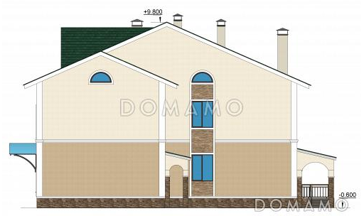 Проект двухэтажного коттеджа с цоколем, с гаражом и отдельным входом в кабинет / Фасад 4