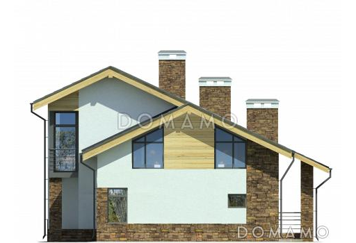 Проект дома с крытой террасой, котельной и хозблоком, спальней на первом этаже, тремя спальнями на мансарде / Фасад 4