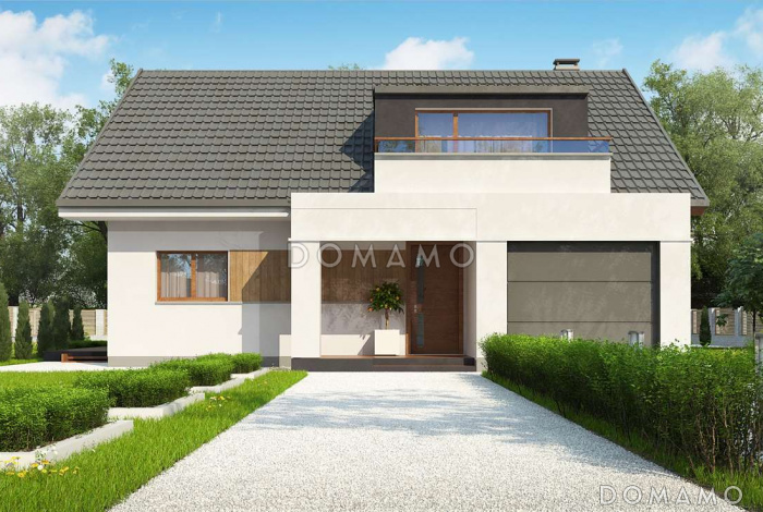 Проект одноэтажного мансардного дома из кирпича с четырьмя спальнями, гаражом и балконом