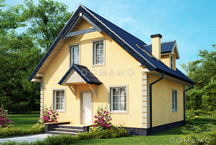 Проект загородного дома простой формы с балконом, террасой с выходом из гостиной, изолированной кухней Проект загородного дома простой формы с балконом, террасой с выходом из гостиной, изолированной кухней