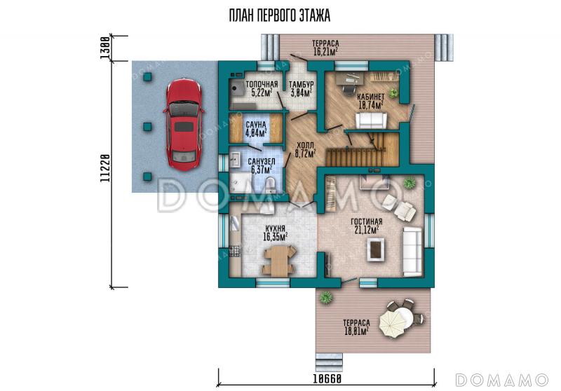 Проект дома с мансардой, двумя террасами и навесом для машины / План 1 этажа