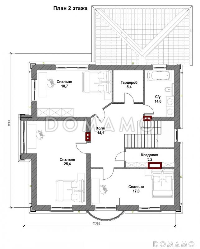Проект загородного дома с верандой, полукруглым крыльцом, французским балконом, вытянутой кухней-гостиной-столовой / План 2 этажа