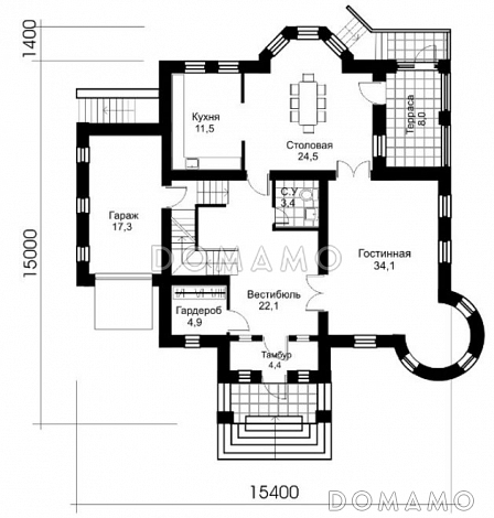 Проект дома из кирпича с зимним садом на втором этаже / План 1 этажа