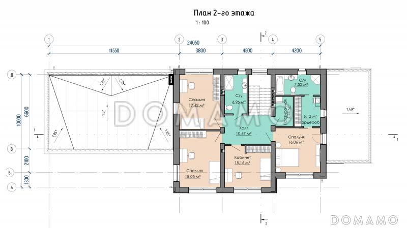 Проект дома с 3 спальнями, кабинетом, гаражом, сауной и спортзалом / План 2 этажа