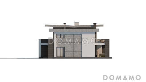 Проект современного просторного двухэтажного дома из кирпича с гаражом и просторными террасами на обоих уровнях / Фасад 4