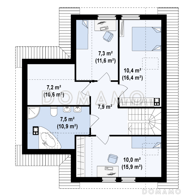 Проект одноэтажного мансардного дома из газобетона с дополнительной спальней на первом этаже / План мансардного этажа