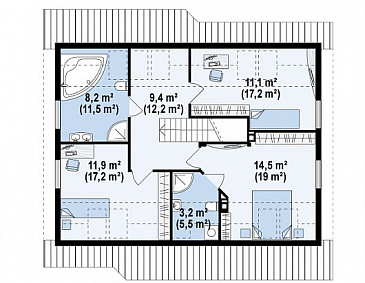 Проект одноэтажного мансардного дома из кирпича с кабинетом и тремя комнатами / План мансардного этажа Проект одноэтажного мансардного дома из кирпича с кабинетом и тремя комнатами / План мансардного этажа
