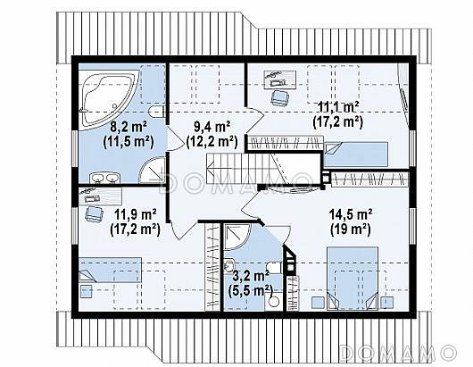 Проект одноэтажного мансардного дома из кирпича с кабинетом и тремя комнатами / План мансардного этажа Проект одноэтажного мансардного дома из кирпича с кабинетом и тремя комнатами / План мансардного этажа