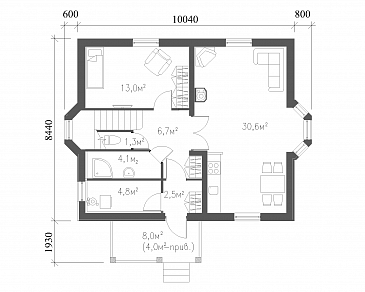 Проект практичного коттеджа в стиле фахверк / План 1 этажа Проект практичного коттеджа в стиле фахверк / План 1 этажа